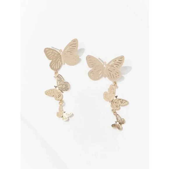 GOLDTONE 3 TIER BUTTERFLY DANGLE EARRINGS WITH MATCHING 3D RING SIZE 8 - Picture 1 of 11